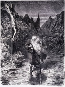 Der wandernde Jude nahe einem Kalvarienberg - in „Die Legende des wandernden Juden“ von Gustave Doré, Buchhandlung des malerischen Ladens von Gustave Dore