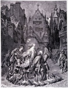 Der ewige Jude, umgeben von Neugierigen in einer Stadt - in „Die Legende des ewigen Juden“ von Gustave Doré, Buchhandlung des malerischen Geschäfts