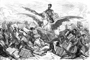 Der Schriftsteller Cervantes reitet auf einem geflügelten Pferd (Pegasus), sein Buch „Don Quijote“ und eine Feder in der Hand, fliegend über andere Schriftsteller, die (schwer!) ihre Bücher tragen. Gravur von Gustave Doré zur Illustration der Hachette-Ausg von Gustave Dore