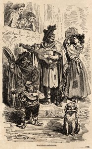 Reisende Musiker in Valencia. Zeichnung von Gustave Doré zur Illustration seiner Reise nach Spanien mit C. Davillier 1862. Gravur in „Le tour du monde“, herausgegeben von Edouard Charton von Gustave Dore