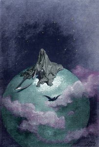 Vision des Todes, der auf dem Globus mit seiner Sense sitzt. Illustration von Gustave Doré von Gustave Dore