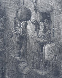 Lagerhäuser in der Stadt London. Aus Gustave Dore und Blanchard Jerrold London: A Pilgrimage London 1872.