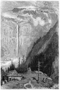 Wasserfall des Cirque de Gavarnie vom Gasthaus aus gesehen: Stich von Gustave Doré, der das Buch „Reise in die Pyrenäen“ von Hippolyte Taine, Hachette 1860, illustriert