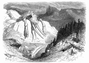 Stich von Gustave Doré um 1850: Evokation einer apokalyptischen Sintflut, nach der verschiedene monströse Tiere auf dem Berg gefallen sind. Illustration des Buches von Hippolyte Taine „Reise in die Pyrenäen“, in dem das Vorhandensein fossiler Knochen besch von Gustave Dore