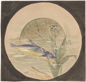 Entwurf für einen Teller mit drei blau-gelben, nach unten schwimmenden Fischen bei einer Wasserpflanze von Gustave Fraipont (signed by artist)