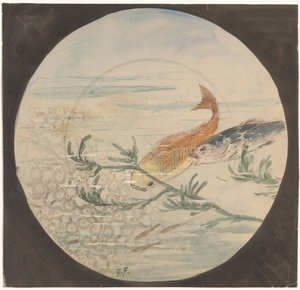 Entwurf für einen Teller mit einem gelben und einem blauen, nach unten schwimmenden Fisch von Gustave Fraipont (signed by artist)