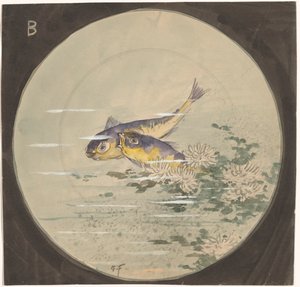 Entwurf für einen Teller mit zwei blau-gelben Fischen bei Seerosen von Gustave Fraipont (signed by artist)