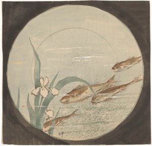 Entwurf für einen Teller mit vier braunen, nach unten schwimmenden Fischen bei einer weißen Iris von Gustave Fraipont (signed by artist)