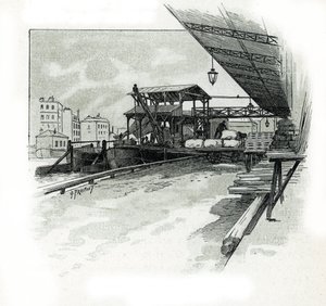 Docks des Hafens von La Villette, Paris. Zeichnung von Gustave Fraipont (1849-1923) aus „La Seine à travers Paris“ von Saint-Juirs von Gustave Fraipont