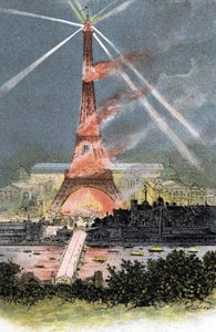 Eiffelturm beleuchtet während der Weltausstellung in Paris 1889 Zeichnung von Gustave Fraipont (1849-1923) aus „La Seine à travers Paris“ von Saint-Juirs von Gustave Fraipont
