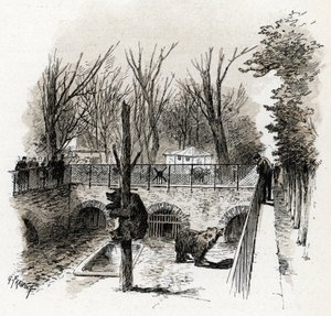 Ansicht der Bärenhöhle im Zoo du Jardin des Plantes, Paris Zeichnung von Gustave Fraipont (1849-1923) aus „La Seine à travers Paris“ von Saint-Juirs von Gustave Fraipont