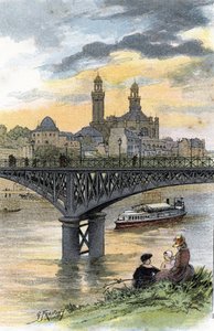 Ansicht der Fußgängerbrücke von Passy (heute Brücke von Bir-Hakeim) in Paris. Zeichnung von Gustave Fraipont (1849-1923) aus Saint-Juirs von Gustave Fraipont
