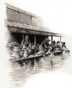 Wäscherinnen am Quai de Valmy, Ufer des Canal Saint-Martin, Paris, aus „La Seine à travers Paris“ von Saint-Juirs von Gustave Fraipont