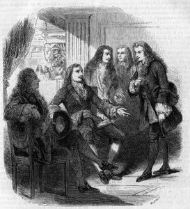 Das Treffen zwischen dem russischen Zaren Peter dem Großen (1672-1725) und Voltaire (François Marie Arouet, genannt) (1694-1778). Gravur von Gustave Janet