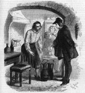 Der Dichter Francois Villon (1431-1463) zeichnet eine Flasche Wein nach. Gravur von Gustave Janet