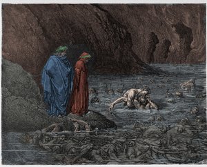 Inferno, Gesang 32: Ugolino (Ugolin della Gherardesca) nagt am Kopf von Erzbischof Ruggieri (Ruggeri Ubaldini), Illustration aus Die Göttliche Komödie von Dante Alighieri, 1885 (digital koloriert)