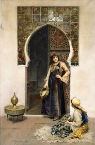 Eine algerische Frau und ein Musiker an einer Tür