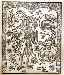 Hirtenkalender - Die Arbeiten der Monate - April - Holzschnitt aus dem Buch von 1496, gedruckt von Guy Marchant (Guido Mercator) in Troyes - Holzschnitt in „Le grand Calendrier et compost des shepherds“