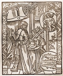 Hirtenkalender - Die Arbeiten der Monate - Februar - Holzschnitt aus dem Buch von 1496, gedruckt von Guy Marchant (Guido Mercator) in Troyes - Holzgravur in „Le grand Calendrier et compost des shepherds“ von Guy Marchant