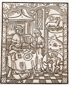 Schäferkalender - Die Arbeiten der Monate - Januar - Holzschnitt aus dem Buch von 1496, gedruckt von Guy Marchant (Guido Mercator) in Troyes - Holzgravur in „Le grand Calendrier et compost des shepherds“ von Guy Marchant