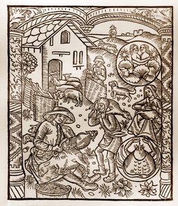 Hirtenkalender - Die Arbeiten der Monate - Juni - Holzschnitt aus dem Buch von 1496, gedruckt von Guy Marchant (Guido Mercator) in Troyes - Holzgravur in „Le grand Calendrier et compost des shepherds“ von Guy Marchant