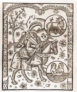 Hirtenkalender - Die Arbeiten der Monate - Mai - Holzschnitt aus dem Buch von 1496, gedruckt von Guy Marchant (Guido Mercator) in Troyes - Holzgravur in „Le grand Calendrier et compost des shepherds“