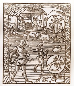 Hirtenkalender - Die Arbeiten der Monate - September - Holzschnitt aus dem Buch von 1496, gedruckt von Guy Marchant (Guido Mercator) in Troyes - Im Vordergrund säen Bauern im Flug - Holzschnitt in „Le grand Calendrier et compost des shepherds“