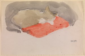 Schlafende Katze auf einem roten Kissen von Gwen John