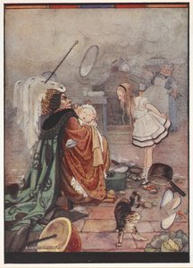 Eine chaotische Küchenszene mit der Herzogin, die ein als Baby verkleidetes Schwein trägt und mit Alice spricht, während der Koch Utensilien wirft von Gwynedd M. Hudson