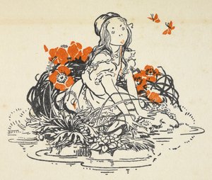 Illustration von Alice neben einem Teich, umgeben von Mohnblumen und Schmetterlingen