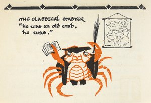 Illustration eines als Lehrer verkleideten Krebses, der ein Buch und eine Peitsche trägt von Gwynedd M. Hudson