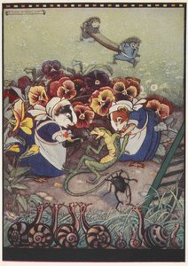 Illustration von zwei Meerschweinchen in Dienstmädchenkleidung, die sich um eine Eidechse kümmern, während zwei Igel im Hintergrund eine Trage tragen, um ihm zu helfen. von Gwynedd M. Hudson