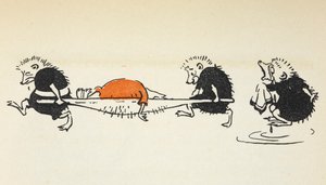 Illustration von zwei Igeln, die einen verletzten Krocketspieler tragen, gefolgt von einem weiteren weinenden Igel.