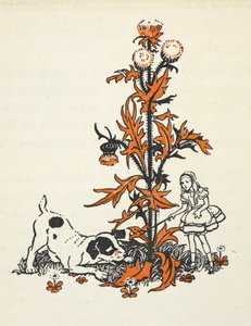 Geschrumpfte Alice und der Welpe bei einer riesigen Distel