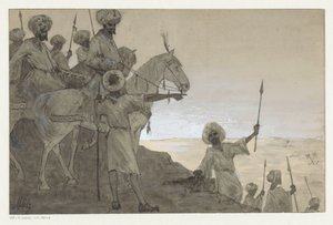 Kämpfer zu Pferd in einer Wüstenlandschaft