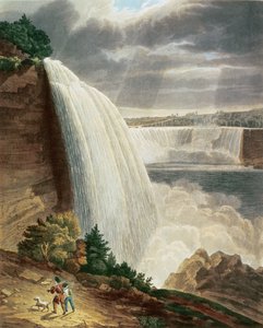 Niagarafälle, Teil des amerikanischen Falls vom Fuß der Treppe, graviert von J. Hill, veröffentlicht von H.L. Megarcy (Farbstich)