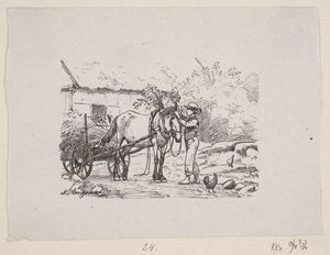 Ein Junge schmückt ein Pferdegeschirr mit grünen Zweigen von H. C. Henneberg