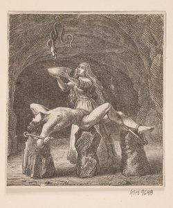 Sigyn hält die Schale zwischen der Schlange und Loki von H. C. Henneberg