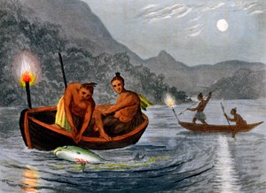 Ureinwohner Amerikas beim Fischen mit Fackeln in Nordamerika, 1813 von H Merke