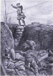 Private Brown (Gordon Highlander) bombardiert den Feind in einem deutschen Graben von oben einer Barrikade