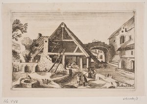Stadtinterieur mit Scheune und Geburt Jesu