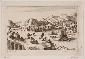 Kupferne Küstenlandschaft mit orientalischen Gebäuden