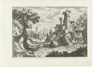 Landschaft mit einem Fluss und Ruine