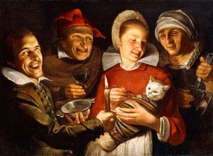 Ein niederländisches Sprichwort - Eine Frau füttert eine gefesselte Katze, umgeben von Männern