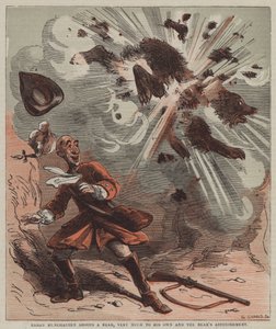 Baron Münchhausen erschießt einen Bären, sehr zu seinem und des Bären Erstaunen (Farblitho) von after Hablot Knight Browne