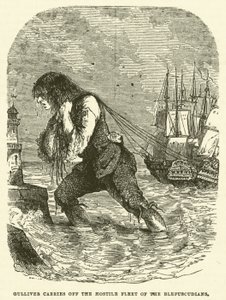 Gulliver trägt die feindliche Flotte der Blefuscudianer davon (Gravur) von after Hablot Knight Browne