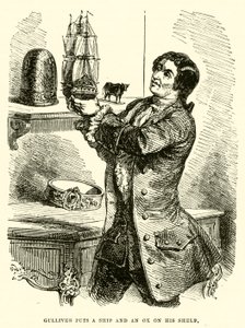 Gulliver stellt ein Schiff und einen Ochsen auf sein Regal (Gravur) von after Hablot Knight Browne