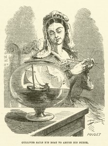Gulliver segelt mit seinem Boot, um seine Krankenschwester zu amüsieren (Gravur) von after Hablot Knight Browne