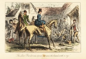 Jäger und Frauen beobachten, wie die Fuchshunde vor einer Jagd aus einem Gehege gelassen werden von after Hablot Knight Browne