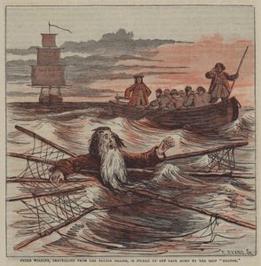 Peter Wilkins, der von der Fliegenden Insel reist, wird vor Kap Hoorn von dem Schiff "Hector" aufgenommen von after Hablot Knight Browne